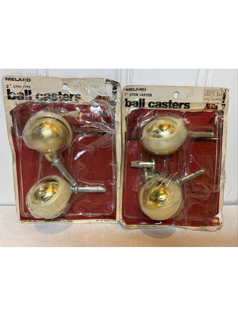 2 NEW NOS VTG NOB 1978 Melard Stem Ball Casters Brass Gold Tones 2” USA